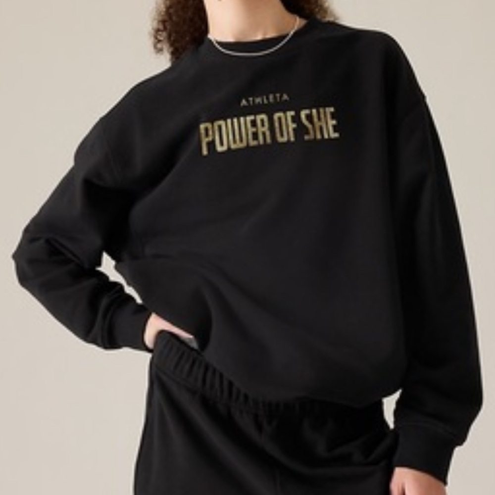 Athleta Forever Fleece Crewneck “Power of She” Sweatshirt Size X-Small Black
